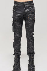 Pantalon long pour homme avec décoration de rivets en métal, multi-poches amovibles, imprimé ancien punk noir